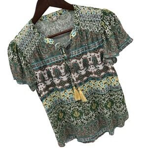 One World Womens PM Green Multi Elephant Print Boho Tassel Blouse Top‎